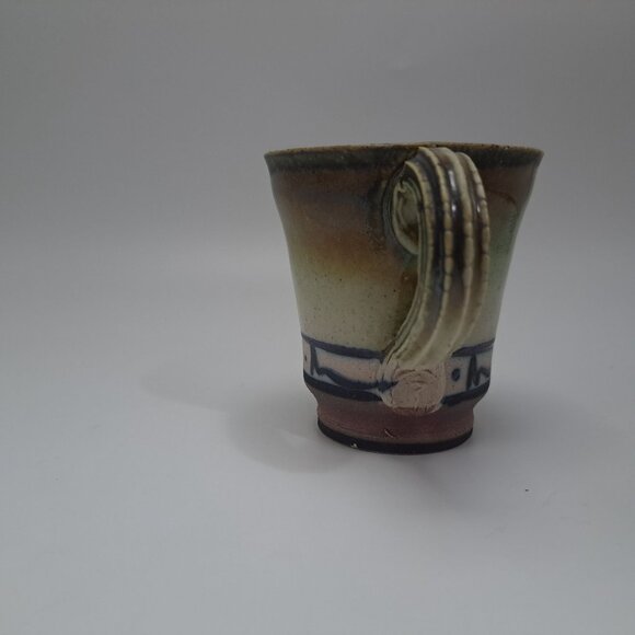 Studio Artisan Pottery Mug Green Brown Glaze Line Accent Rustic Coffee Cup - Picture 5 of 11